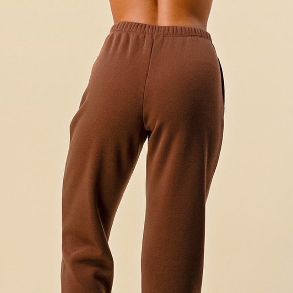 NEW Chocolate Brown High Waist Side Pockets Relaxed Fleece Jogger Sweat Pants - Picture 7 of 9